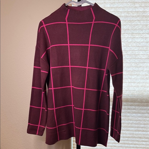 LOFT Women's Burgundy Pink Windowpane Mock Neck Pullover Tunic Sweater Size M - Picture 1 of 2
